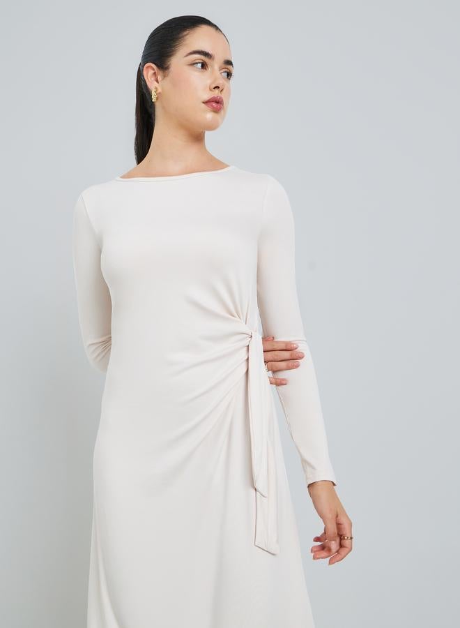 Styli Women Beige Waist Tie Detail Midi Dress - Image 1